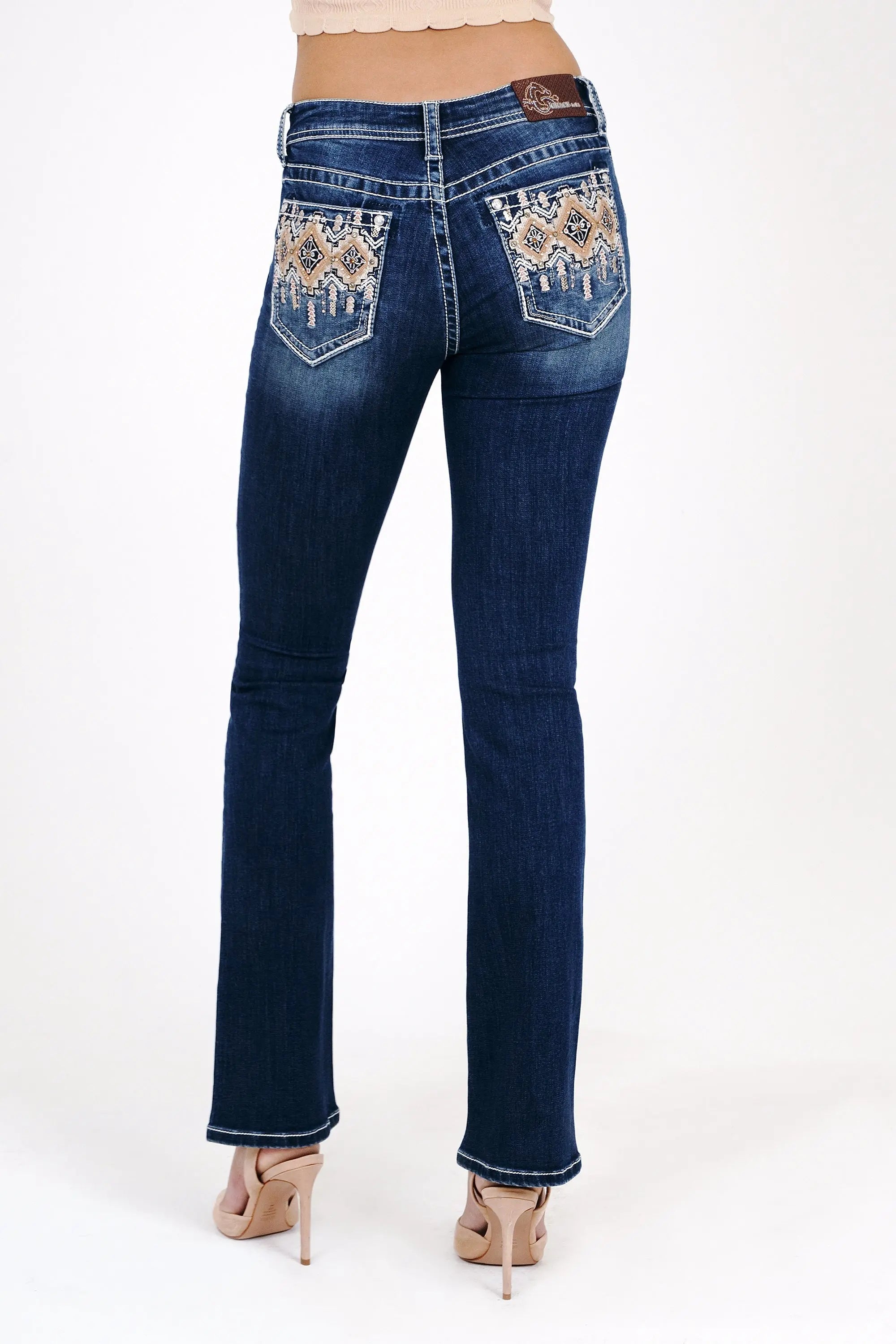Aztec Leather Mid Rise Embellished Women's Bootcut Jeans