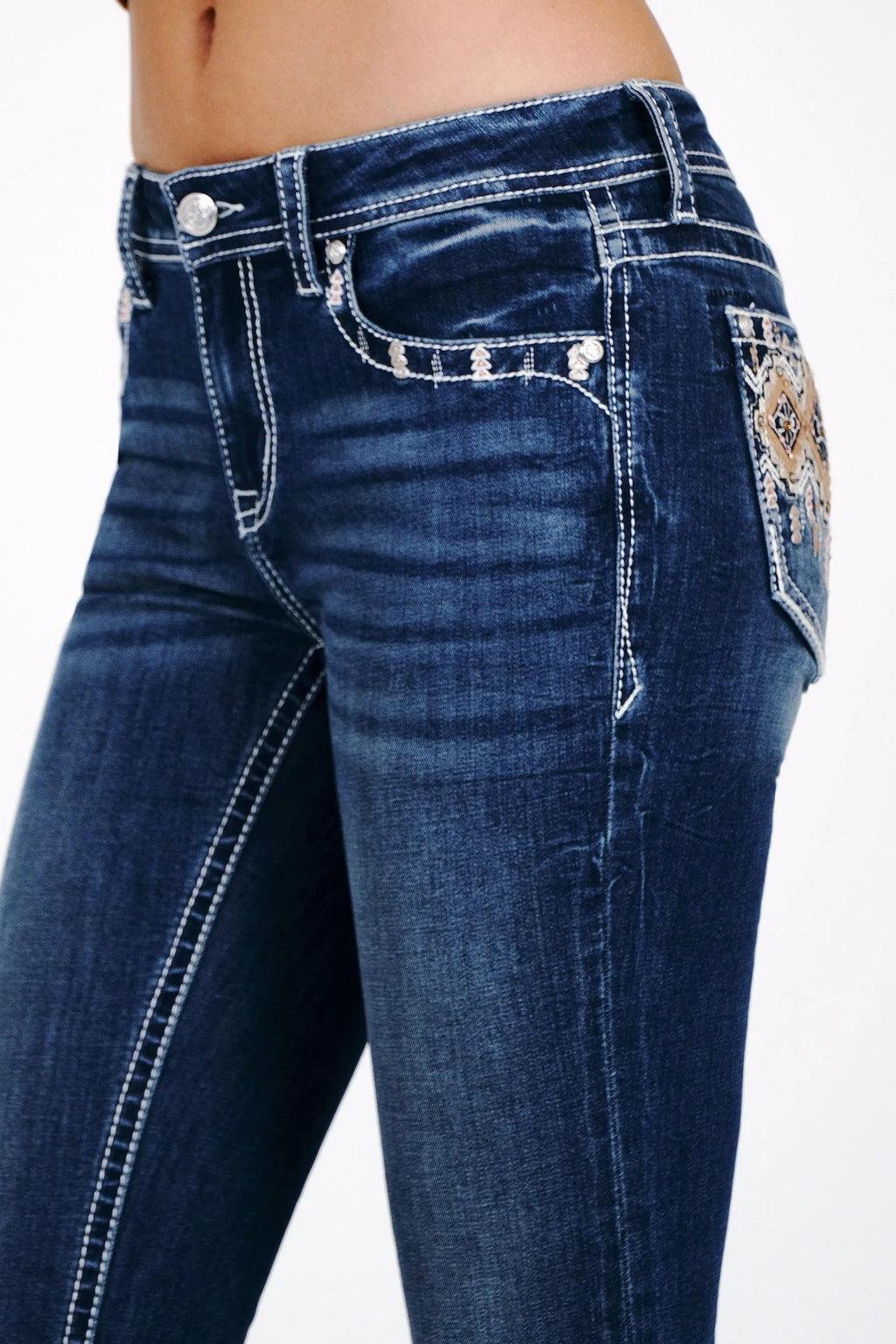 Aztec Leather Mid Rise Embellished Women's Bootcut Jeans