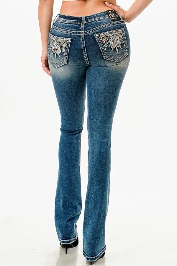Aztec Colorful Embroidered Low Rise Bootcut Jeans
