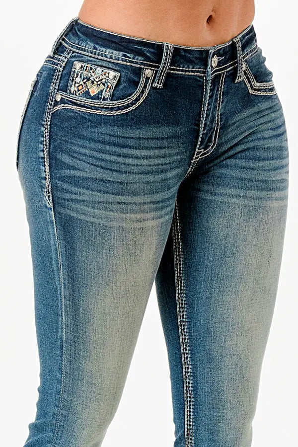 Aztec Colorful Embroidered Low Rise Bootcut Jeans