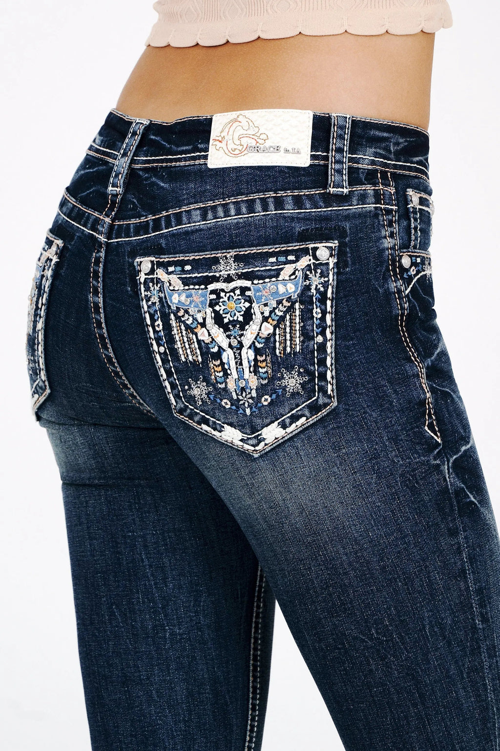 Steer Head Crystals Embroidered Mid Rise Bootcut Jeans