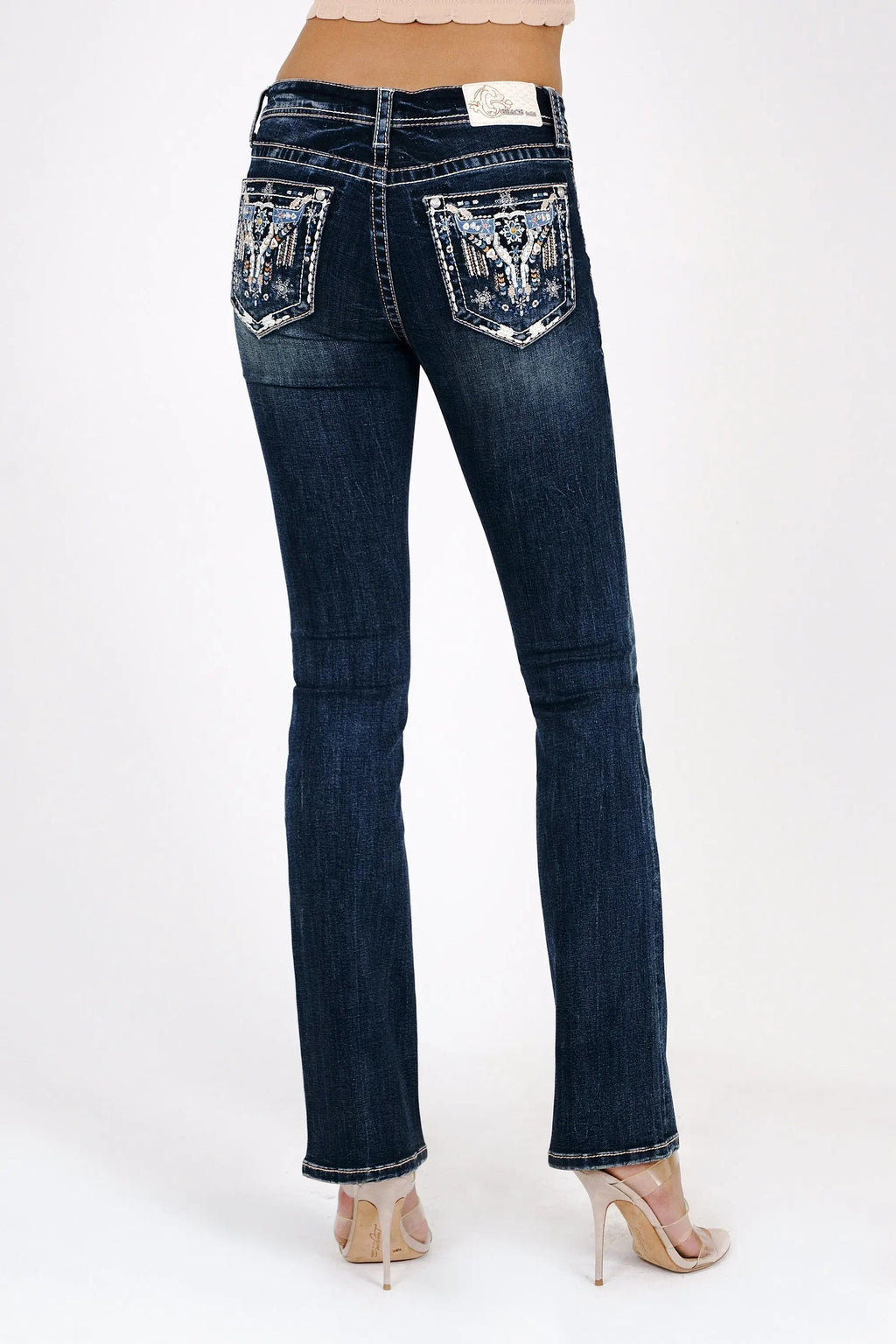 Steer Head Crystals Embroidered Mid Rise Bootcut Jeans