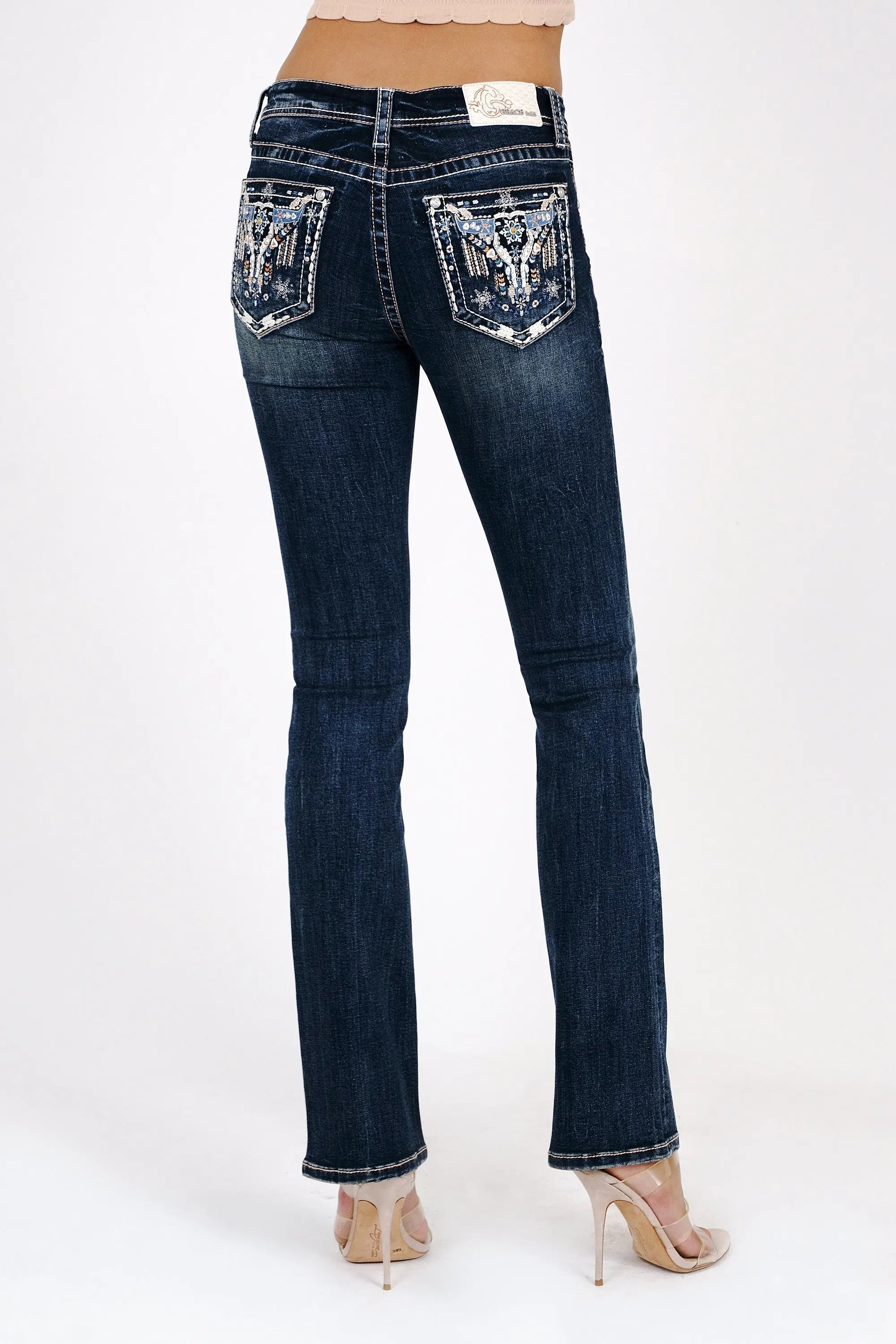 Steer Head Crystals Embroidered Mid Rise Bootcut Jeans