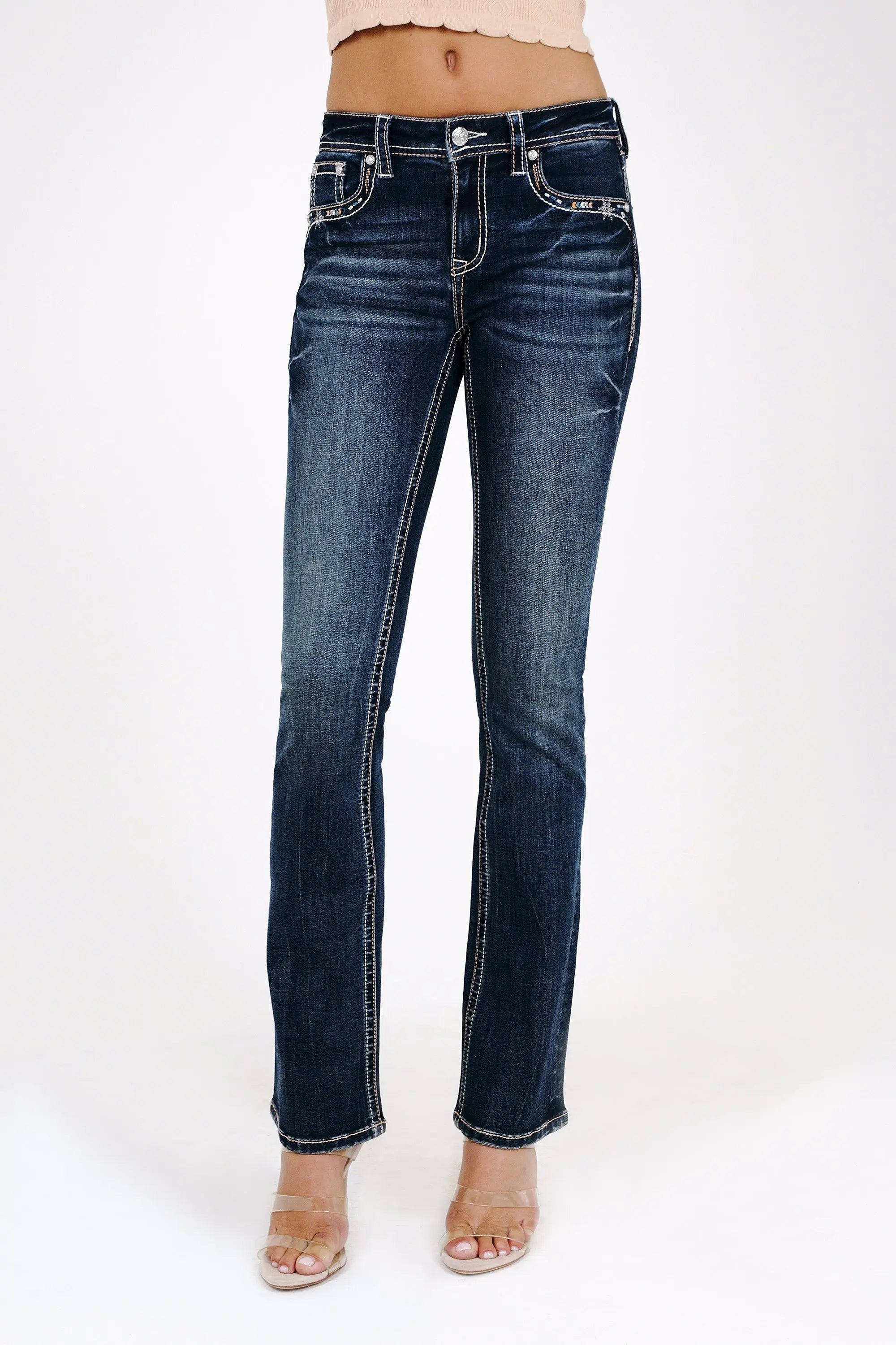 Steer Head Crystals Embroidered Mid Rise Bootcut Jeans