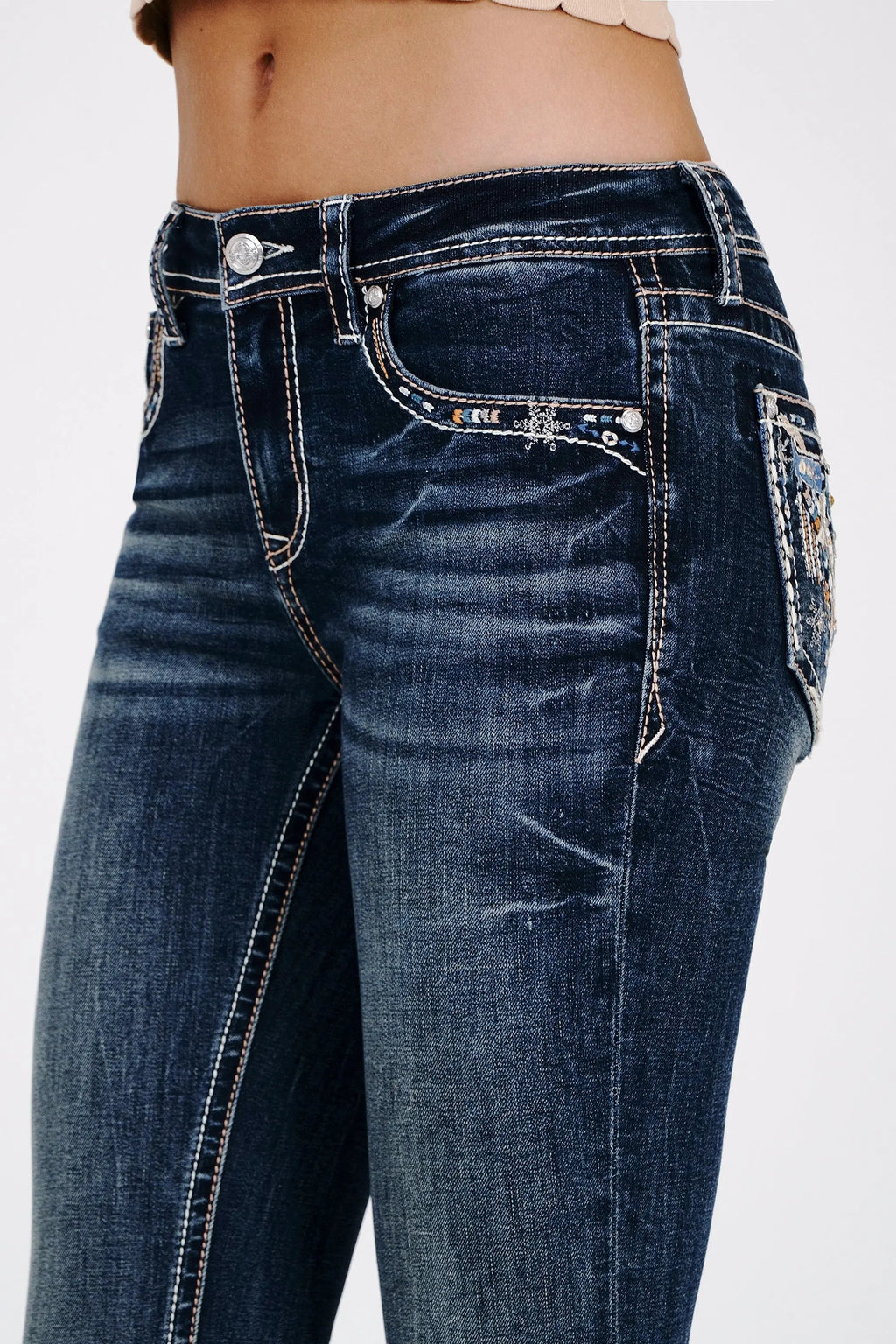 Steer Head Crystals Embroidered Mid Rise Bootcut Jeans