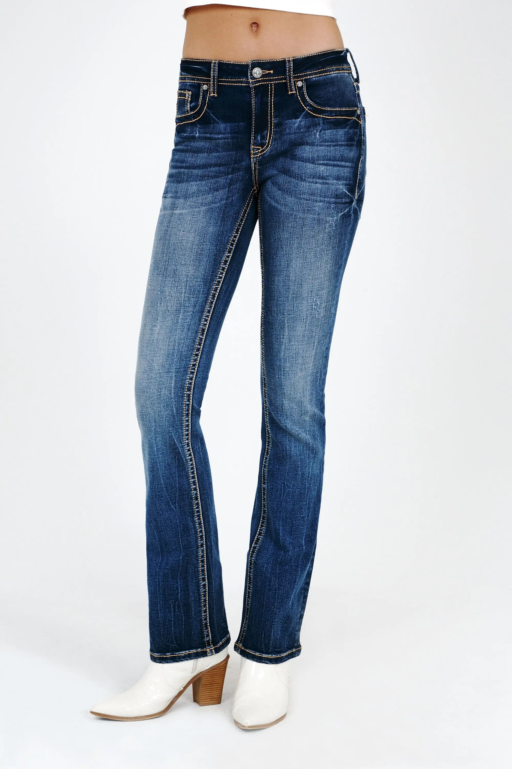 Basic 5 Pocket Mid Rise Bootcut Jeans