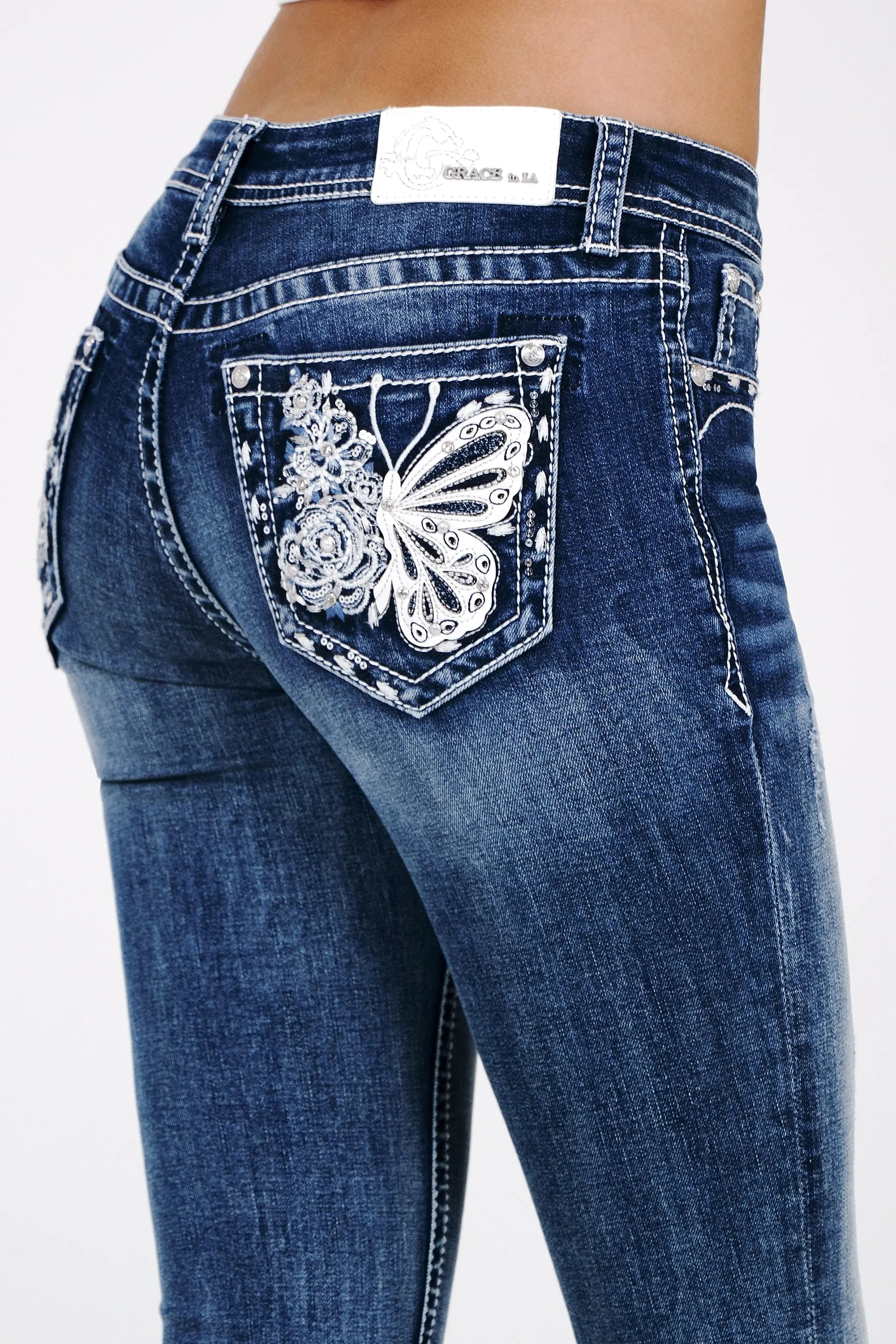 Butterfly Embroidered Mid Rise Bootcut Jeans