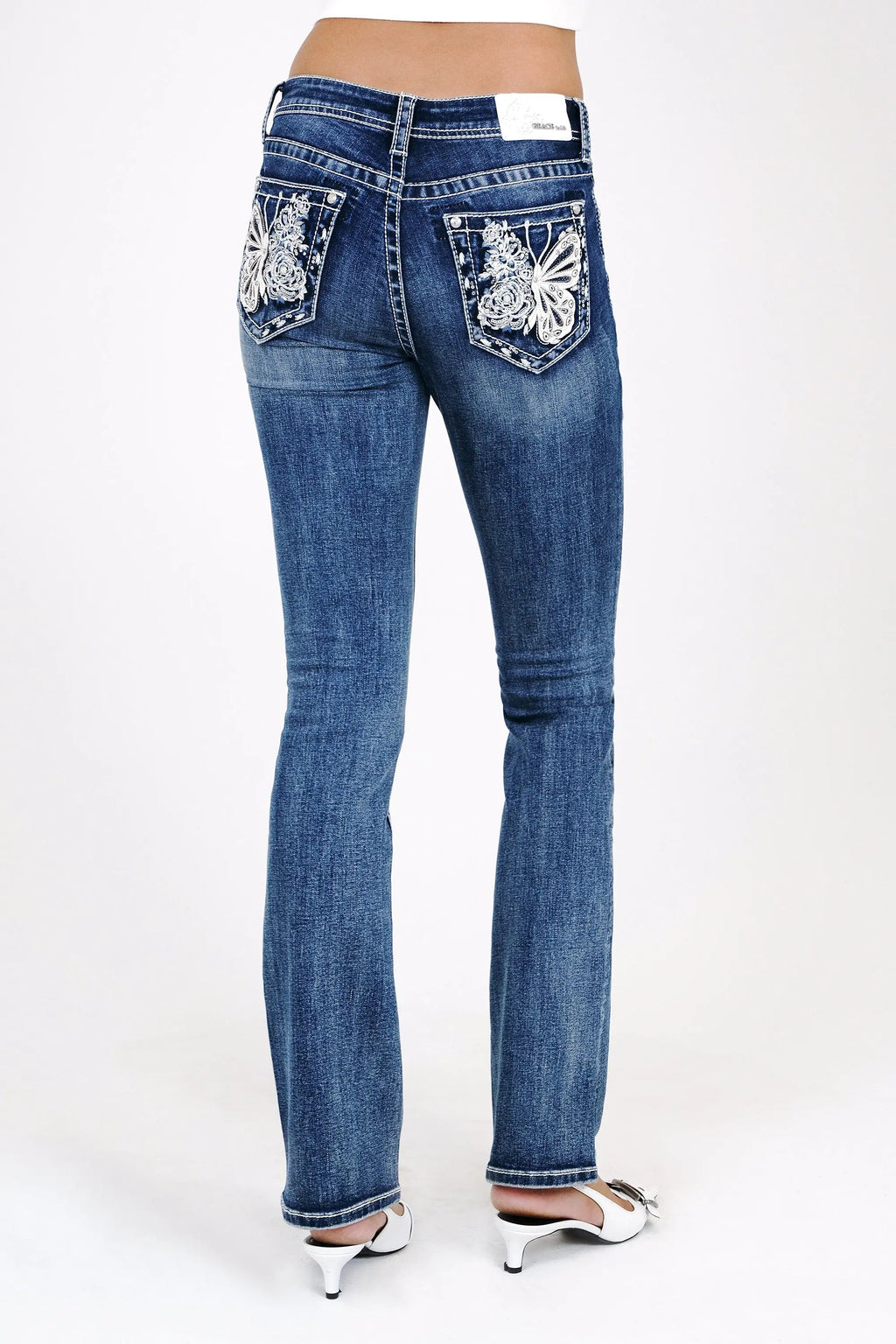 Butterfly Embroidered Mid Rise Bootcut Jeans