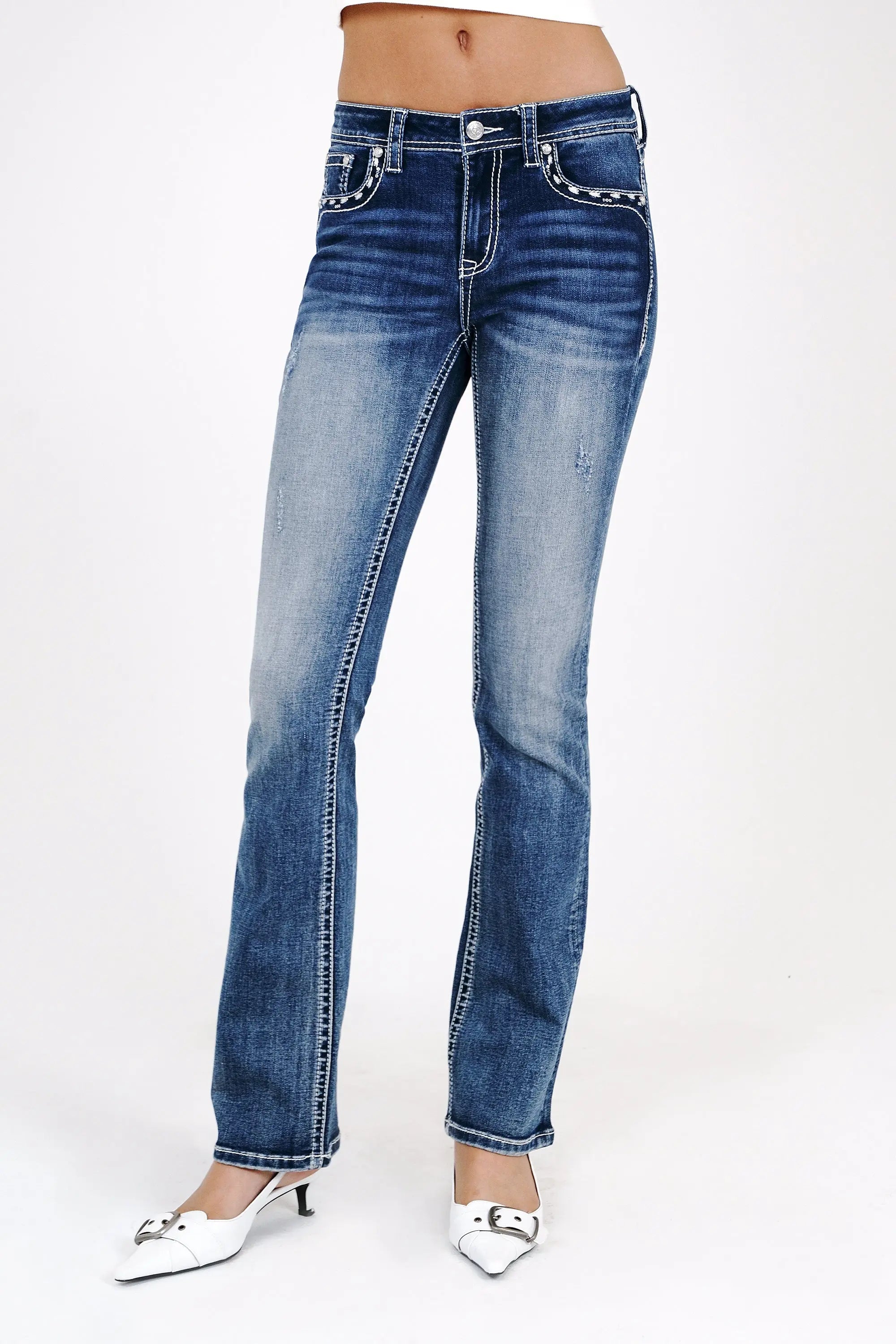 Butterfly Embroidered Mid Rise Bootcut Jeans
