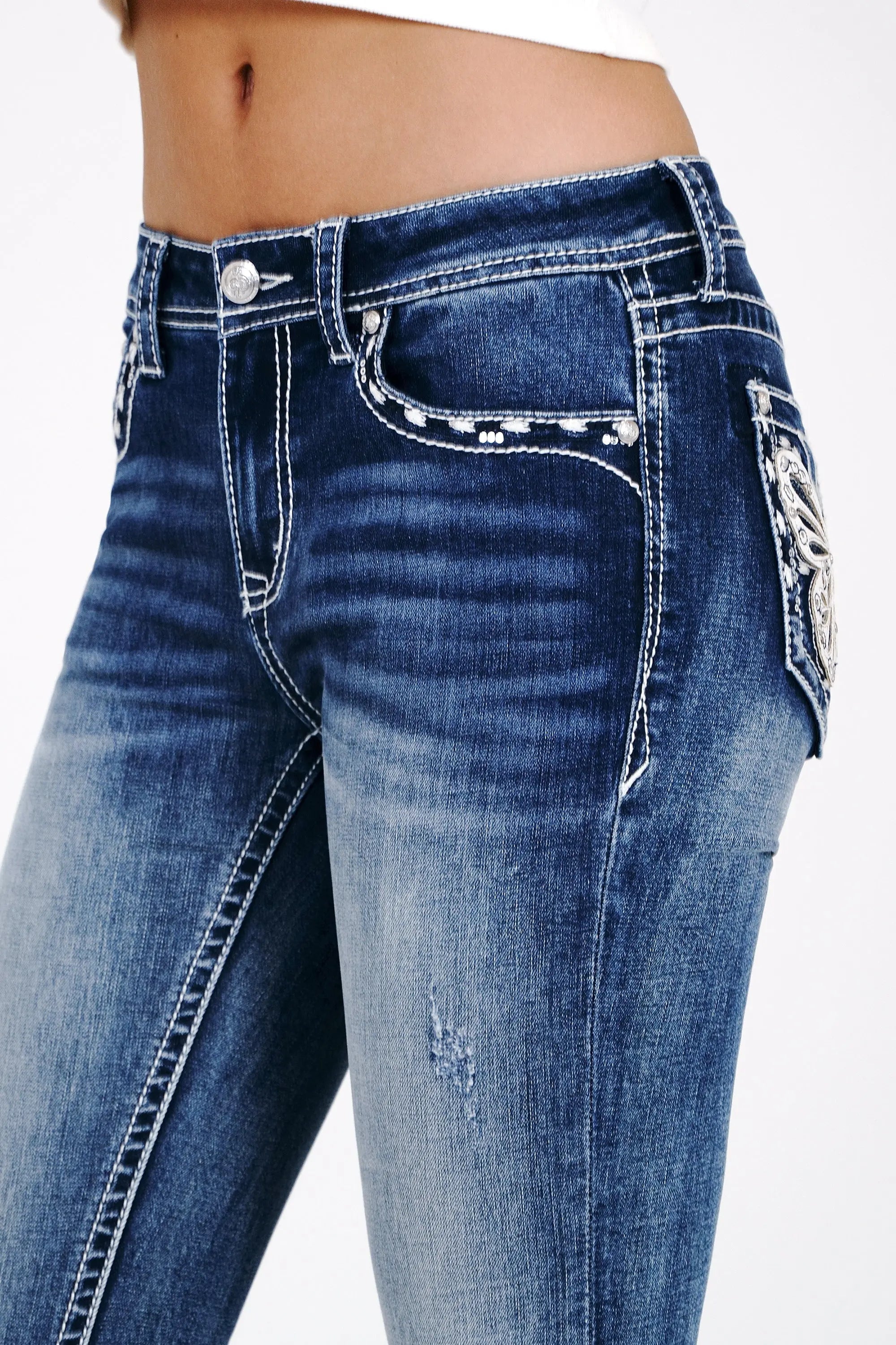 Butterfly Embroidered Mid Rise Bootcut Jeans