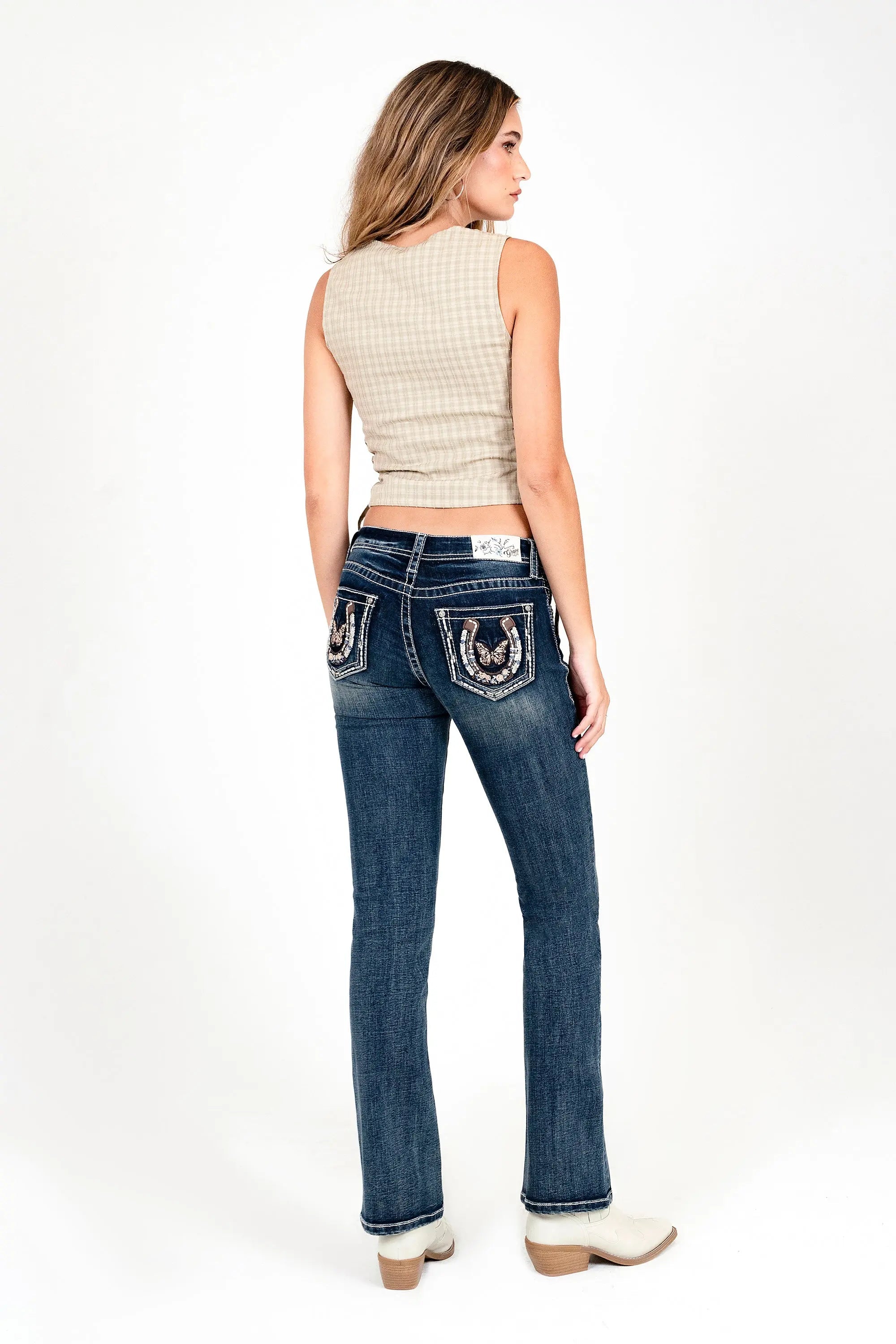 Butterfly Horse Shoe Embroidered Mid Rise Bootcut Jeans