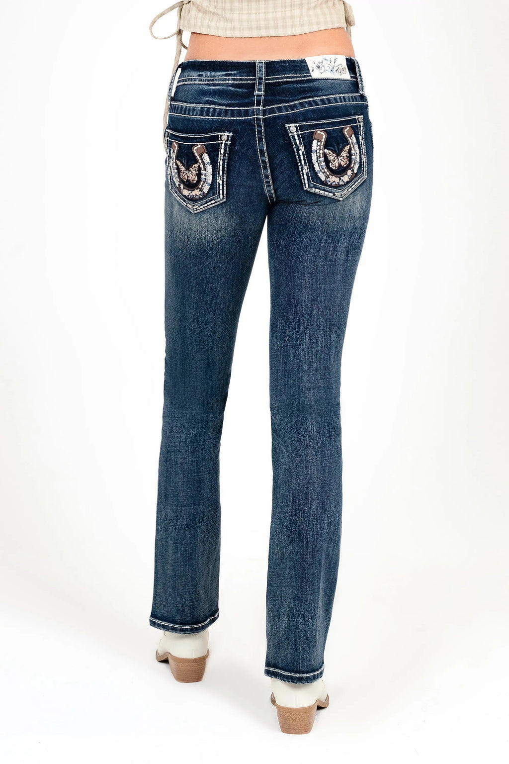 Butterfly Horse Shoe Embroidered Mid Rise Bootcut Jeans