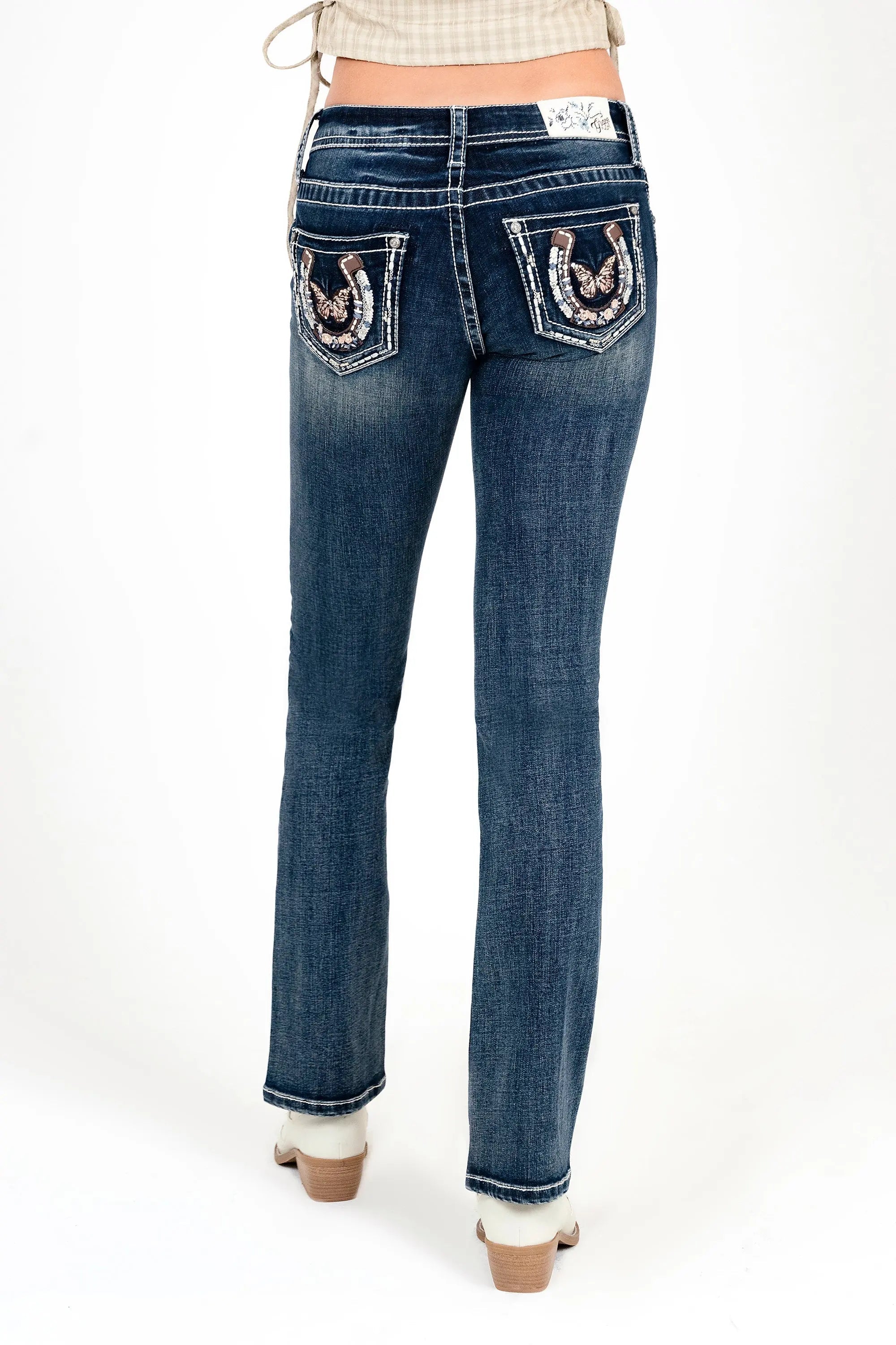 Butterfly Horse Shoe Embroidered Mid Rise Bootcut Jeans