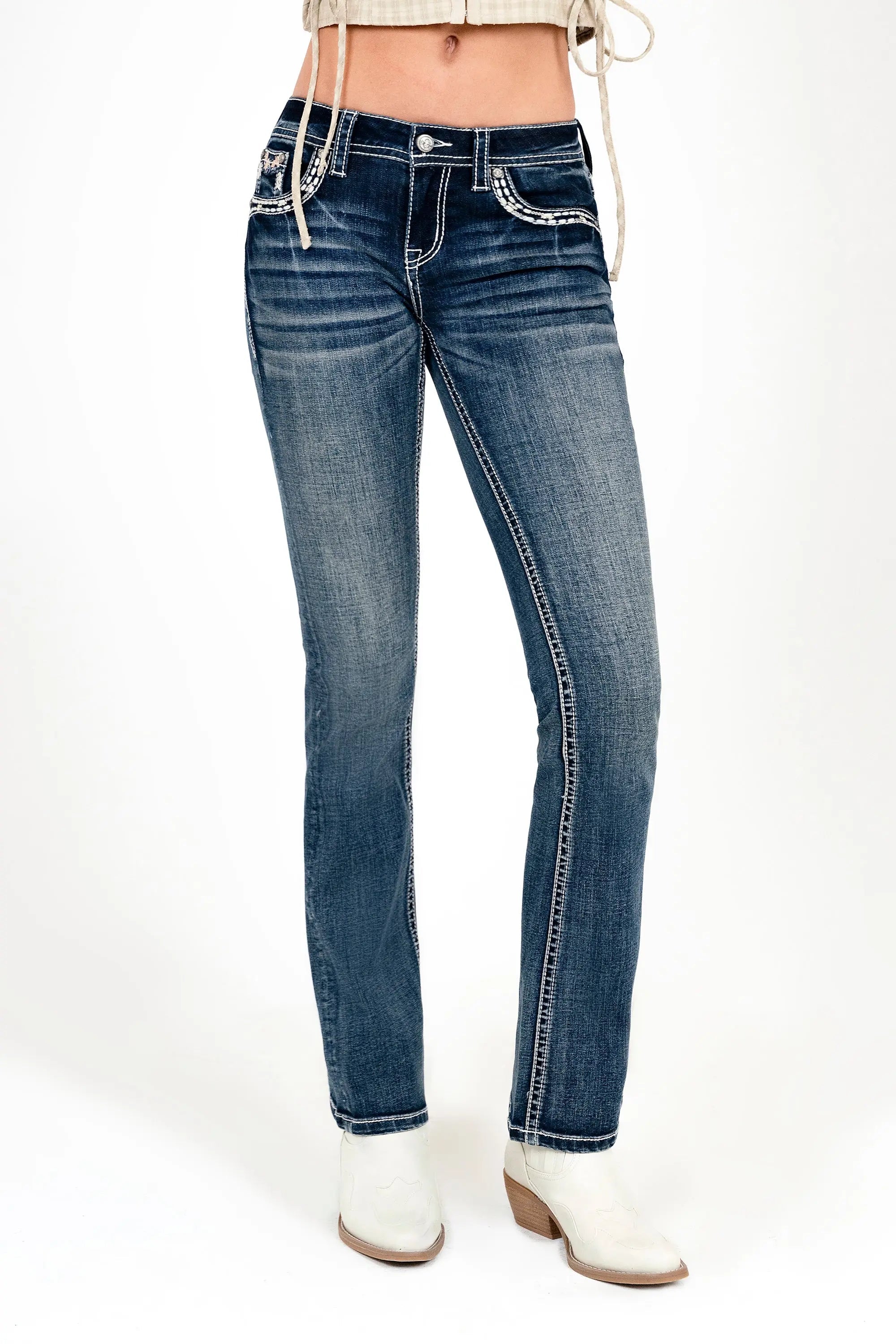 Butterfly Horse Shoe Embroidered Mid Rise Bootcut Jeans