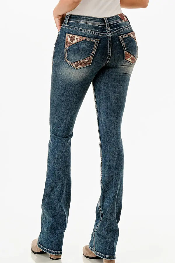 Cow Hide Trim Mid Rise  Bootcut Jeans