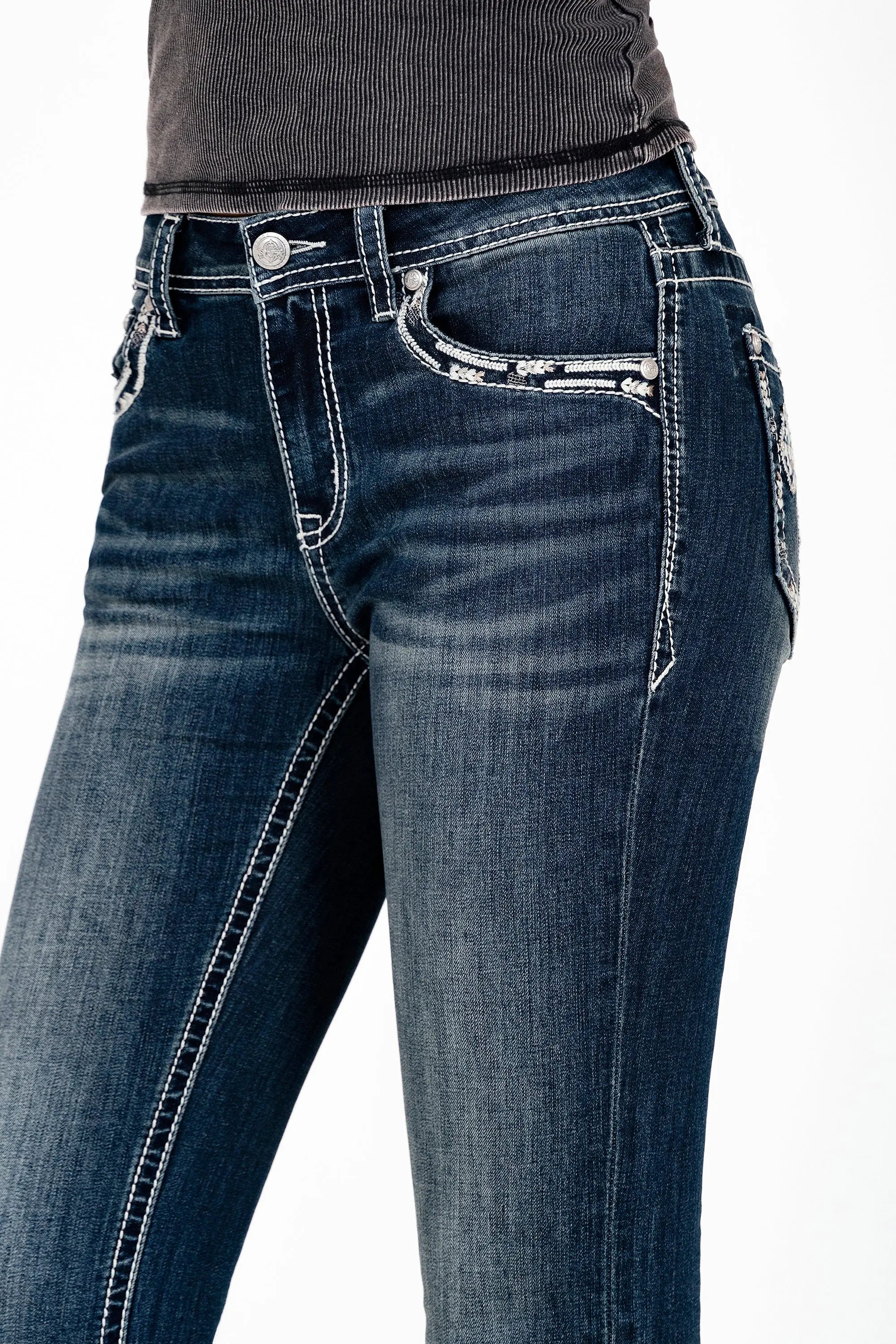 Cross Embroidered Mid Rise Bootcut Jeans