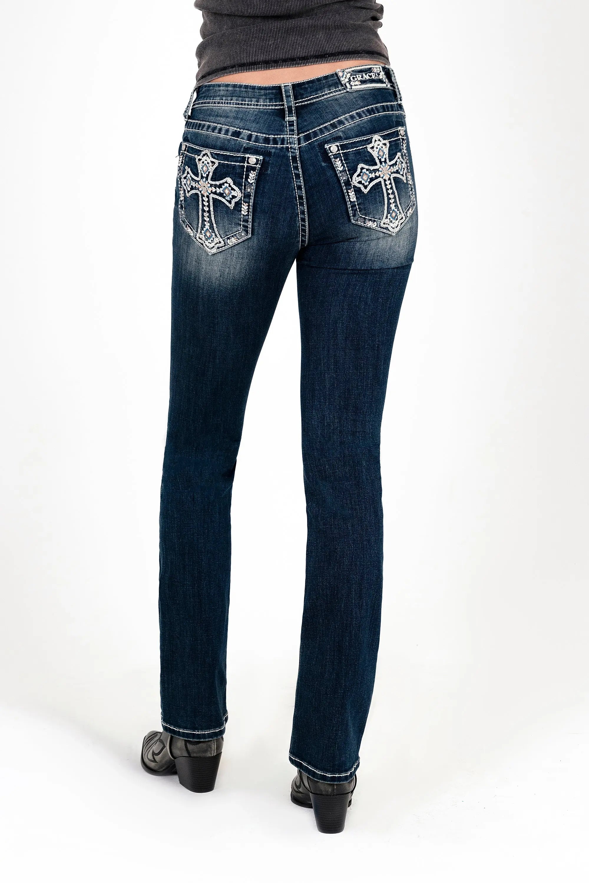 Cross Embroidered Mid Rise Bootcut Jeans