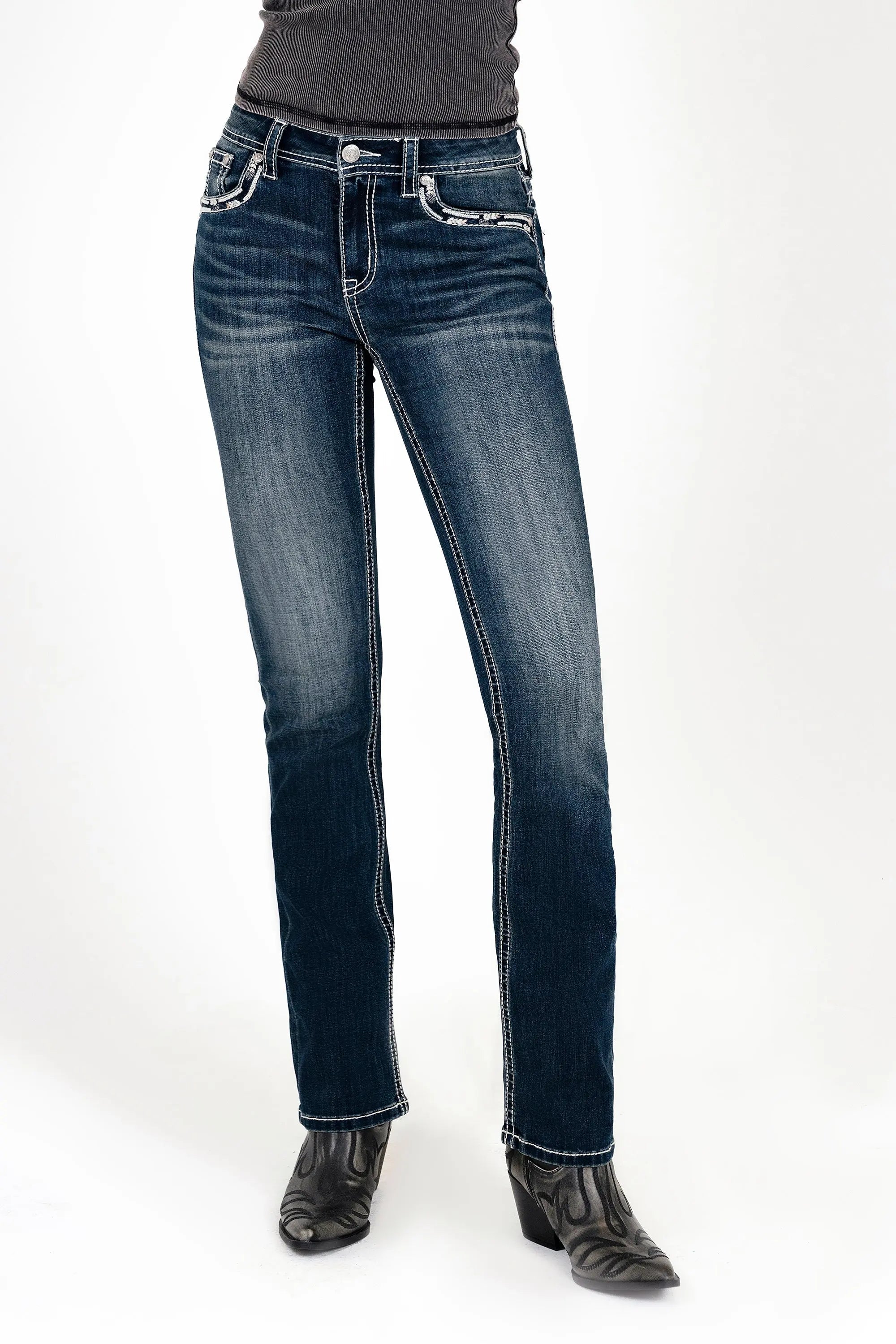 Cross Embroidered Mid Rise Bootcut Jeans