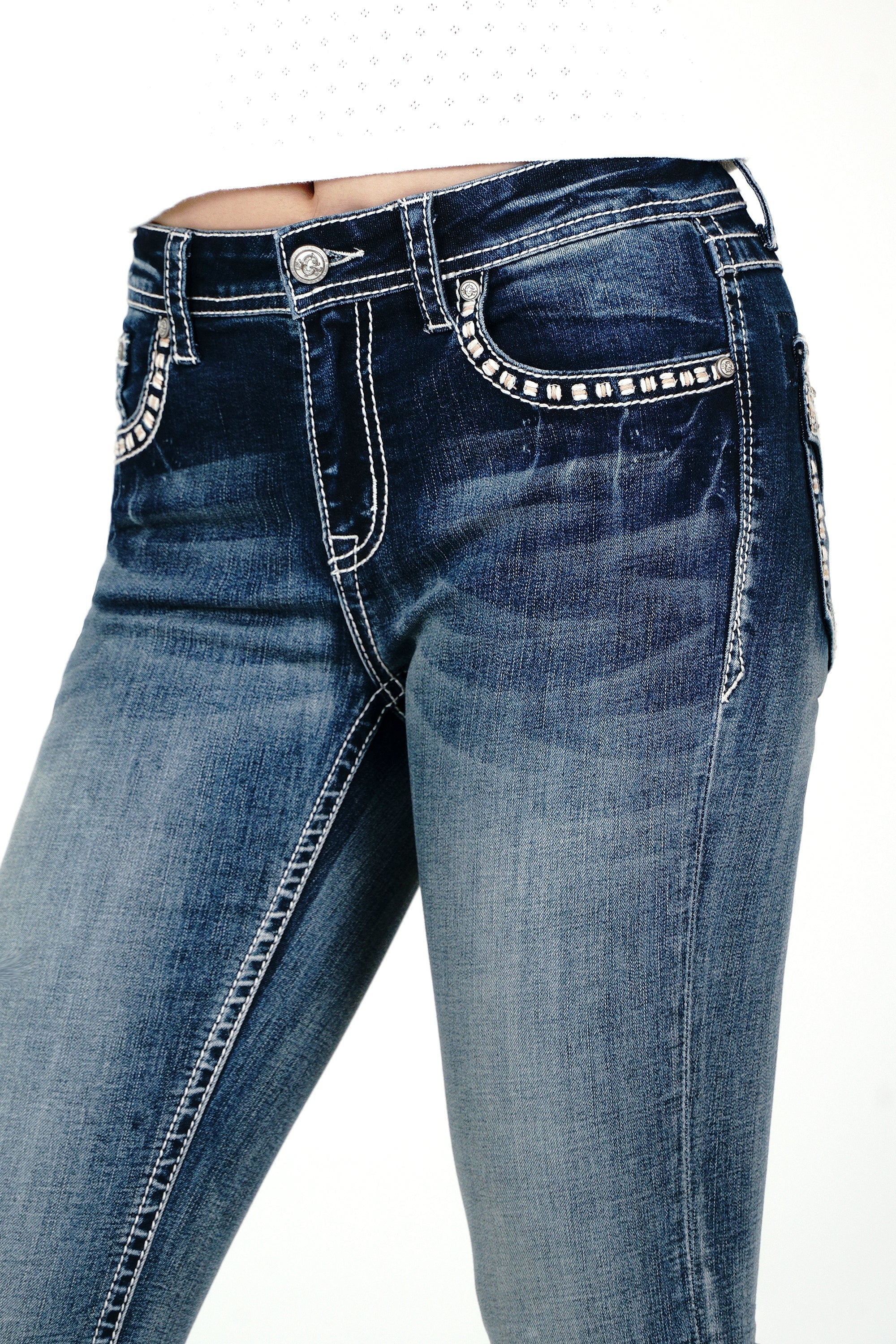 Faux Flap Embellished Mid Rise Bootcut Jeans