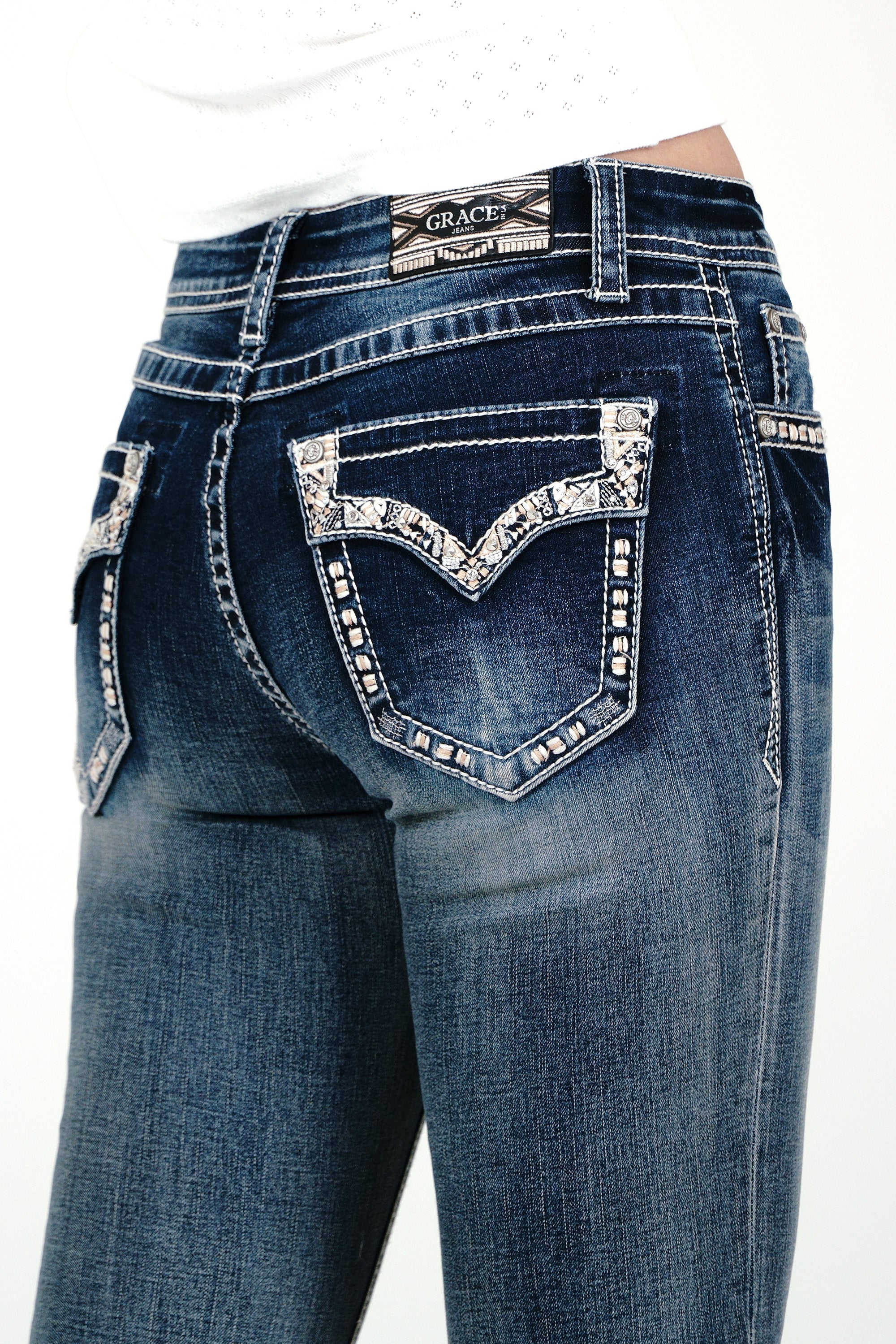 Faux Flap Embellished Mid Rise Bootcut Jeans