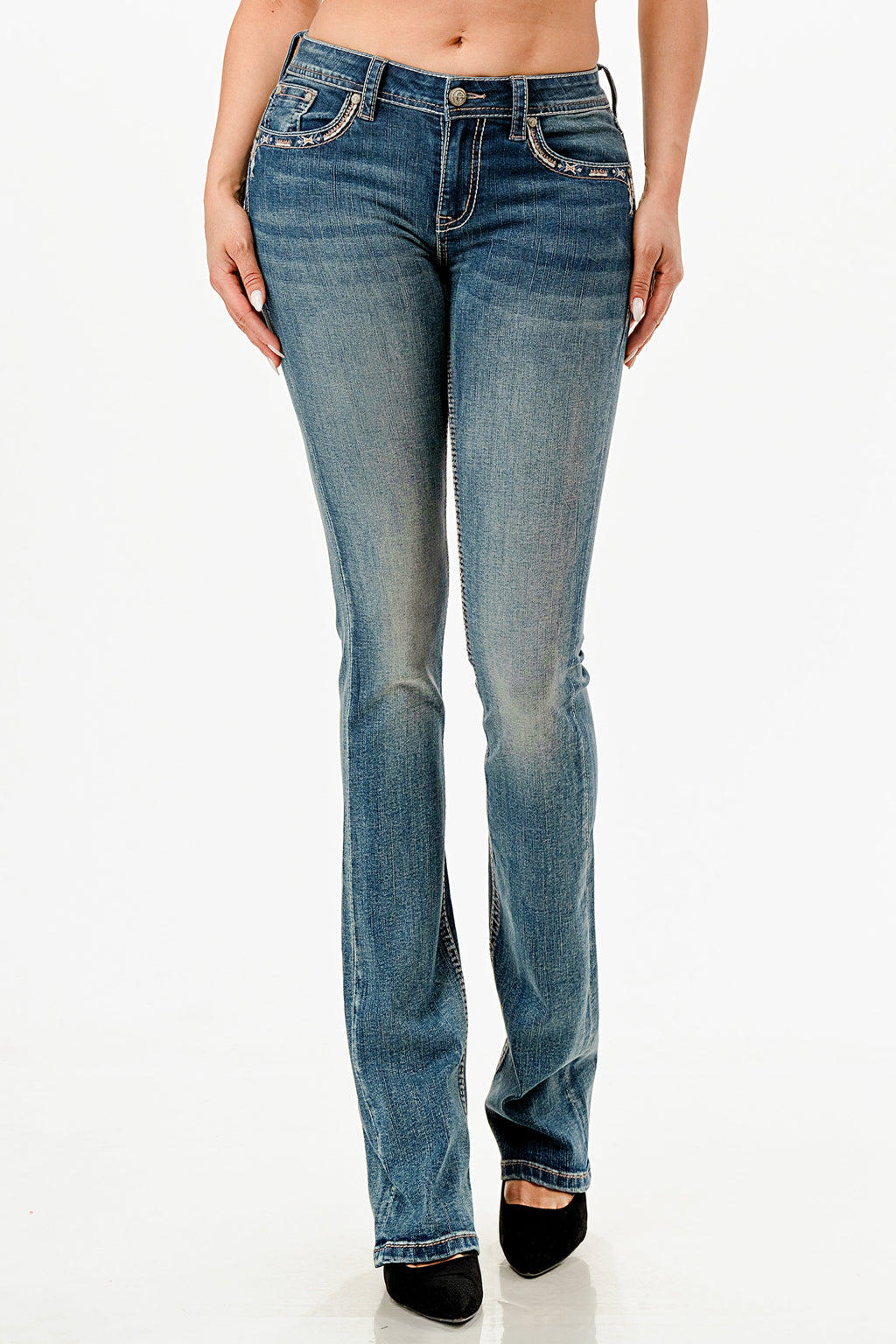 Tan Steer Head & Tribal Feathers Mid Rise Bootcut Embroidered Jeans