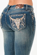 Tan Steer Head & Tribal Feathers Mid Rise Bootcut Embroidered Jeans
