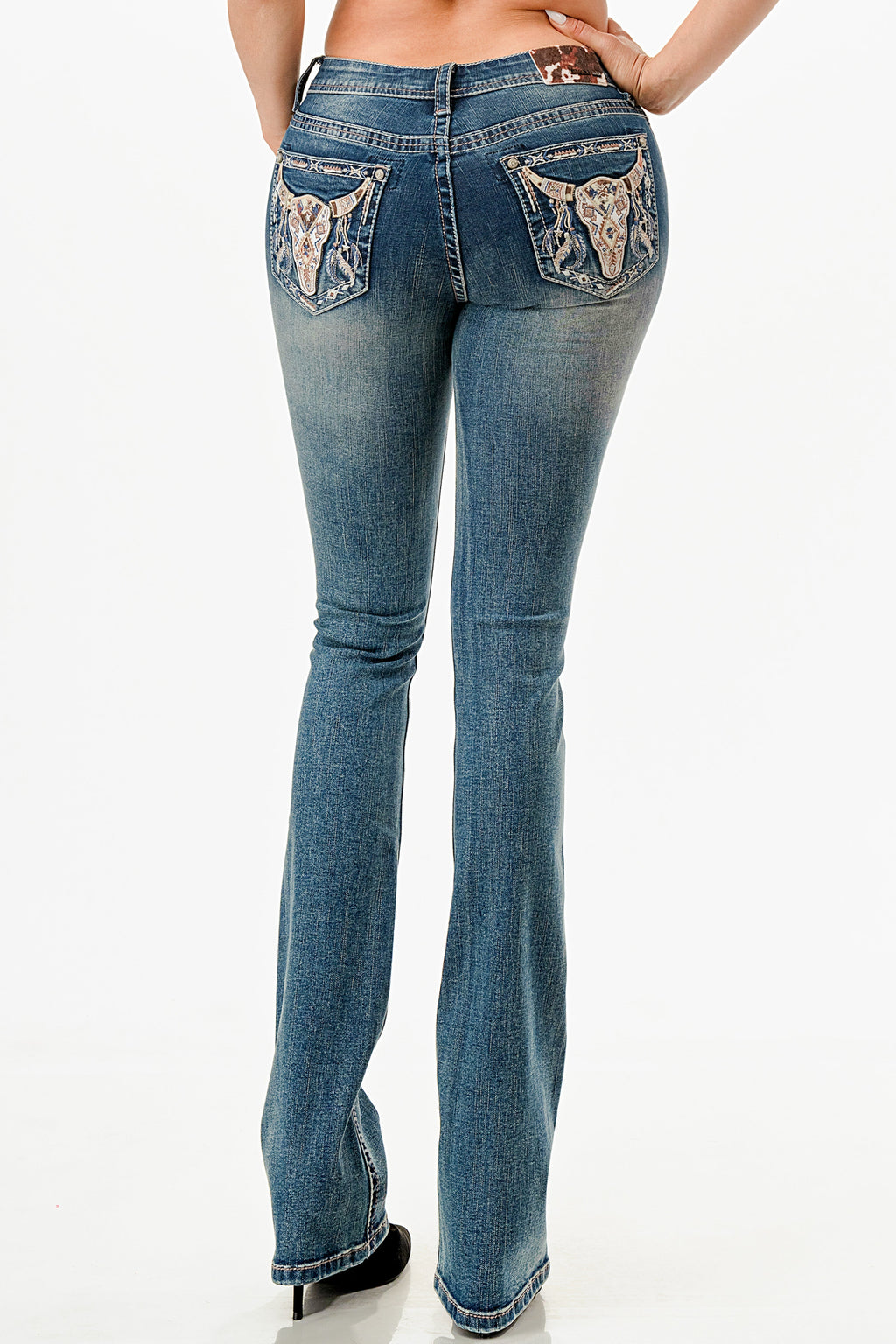 Tan Steer Head & Tribal Feathers Mid Rise Bootcut Embroidered Jeans