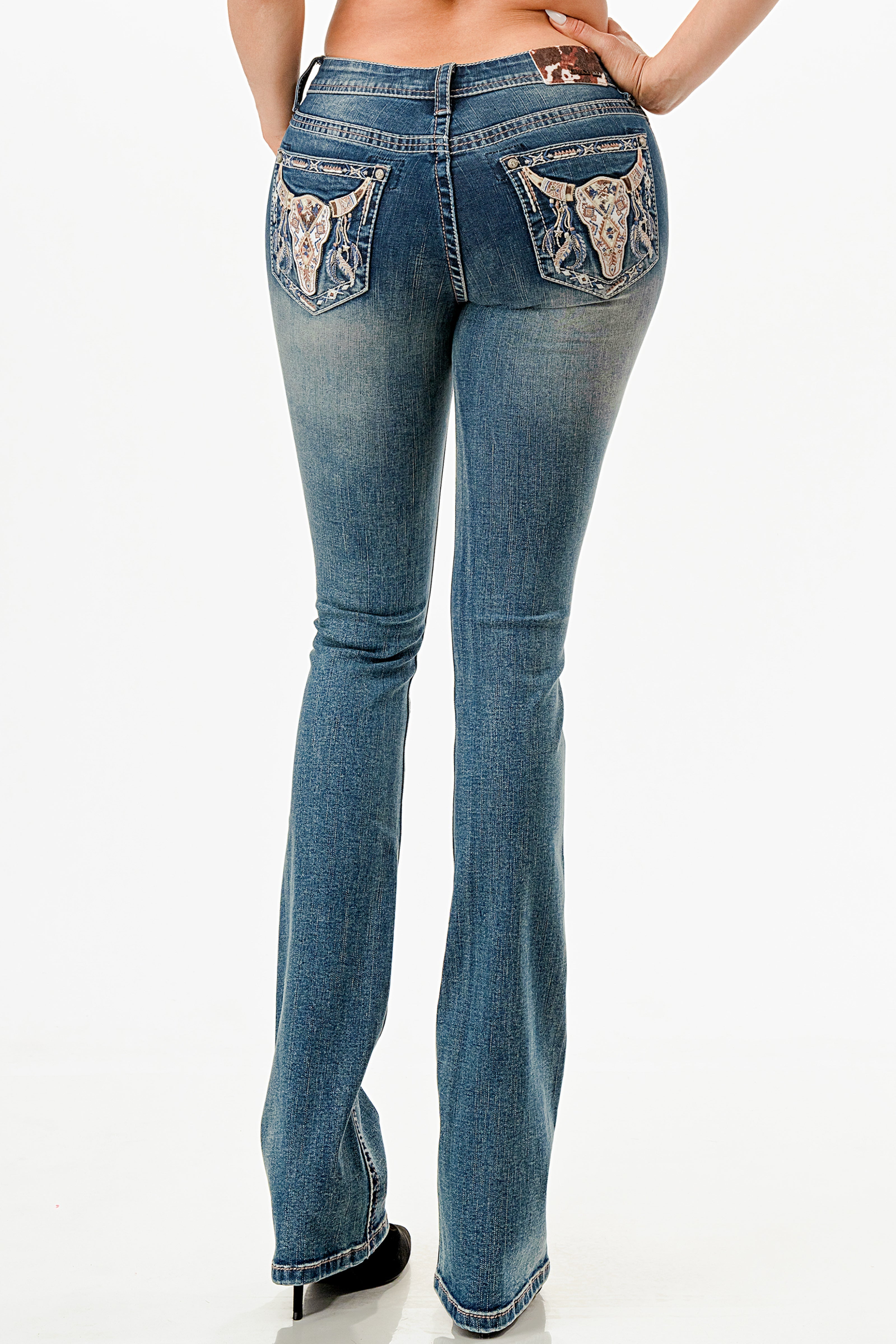 Tan Steer Head & Tribal Feathers Mid Rise Bootcut Embroidered Jeans