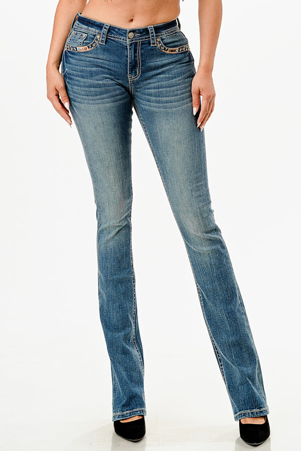 Horse Shoe w/ Horse Hide Mid Rise Embellished Bootcut Jeans