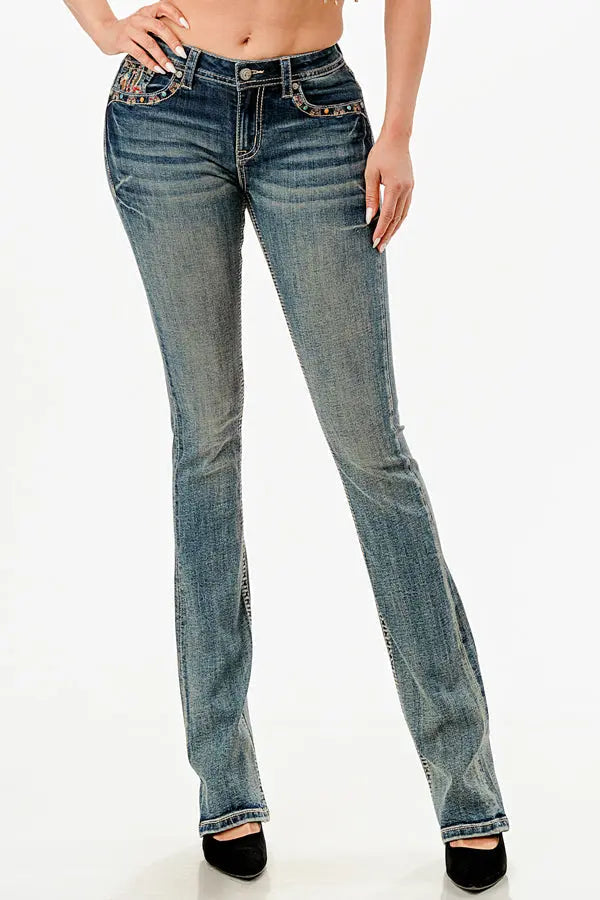 Mushroom Garden Embroidered Mid Rise Bootcut Jeans