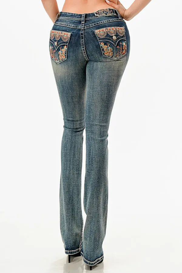 Mushroom Garden Embroidered Mid Rise Bootcut Jeans