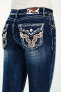 Cow Hide Trims Faux Flap Mid Rise Bootcut Jeans
