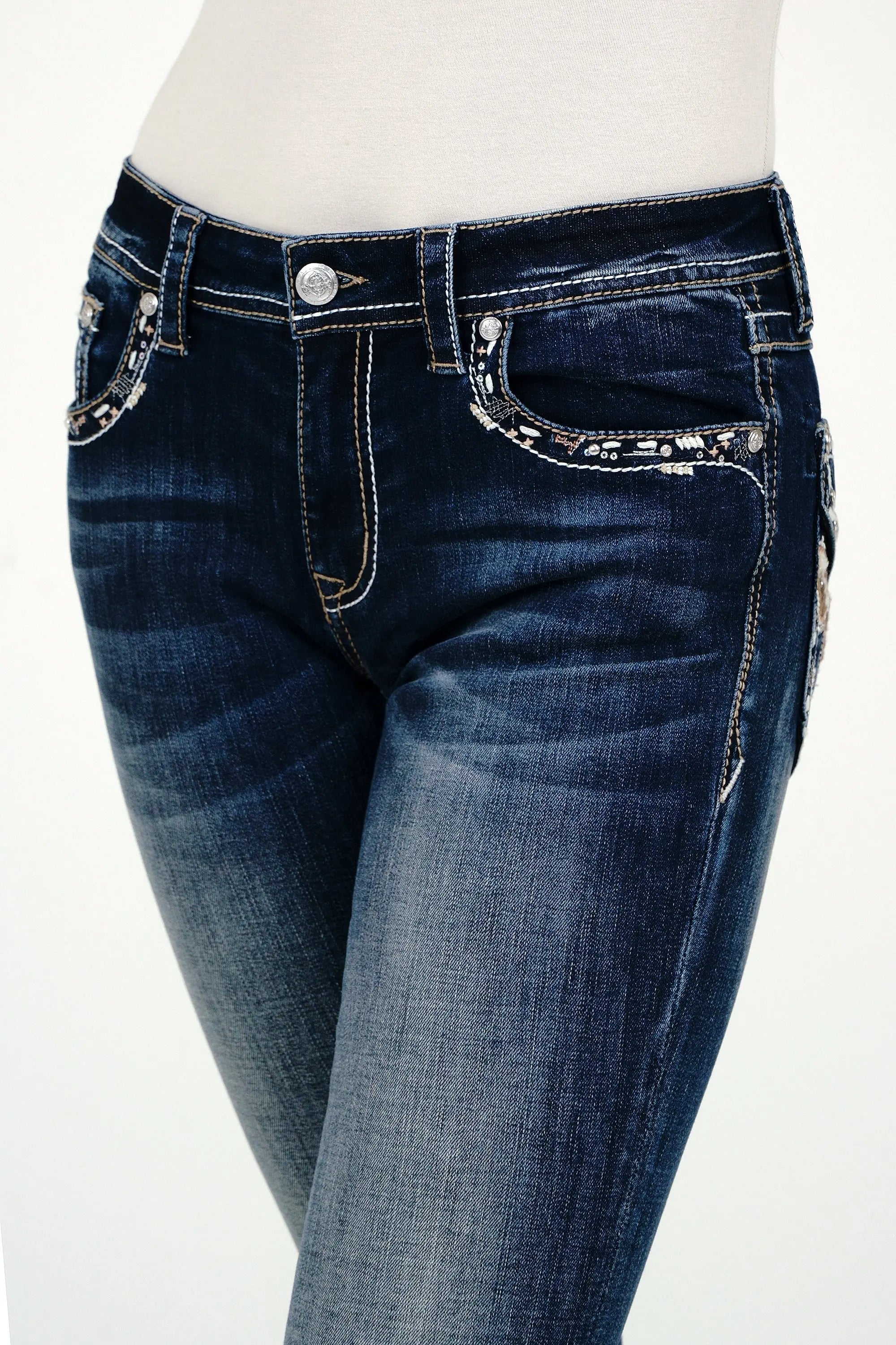 Cow Hide Trims Faux Flap Mid Rise Bootcut Jeans