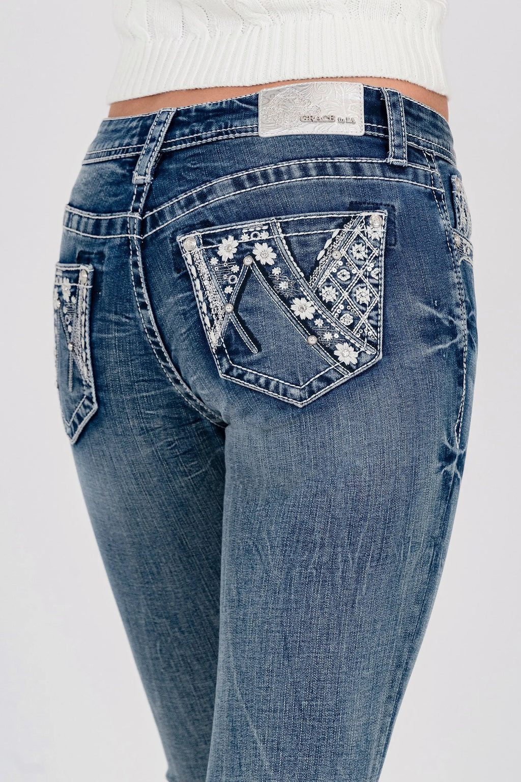 Flower Rhinestone Pocket Mid Rise Bootcut Jeans