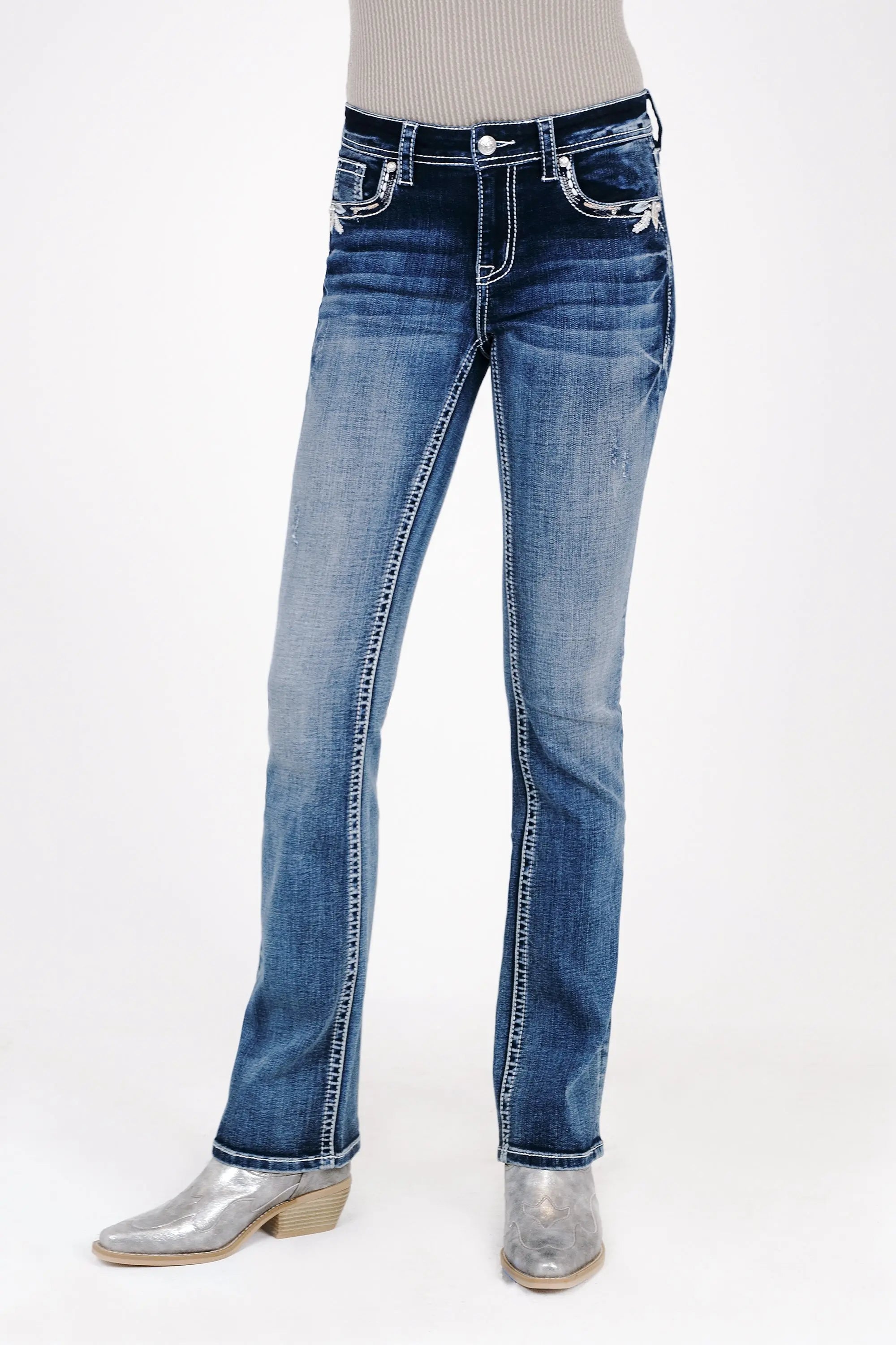 White Leaves Embroidered Mid Rise Bootcut Jeans