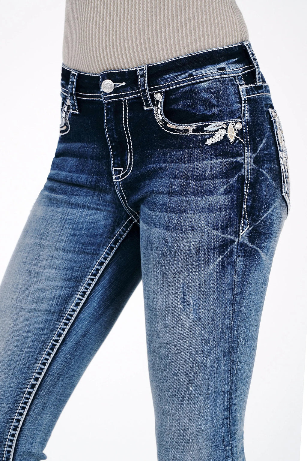 White Leaves Embroidered Mid Rise Bootcut Jeans