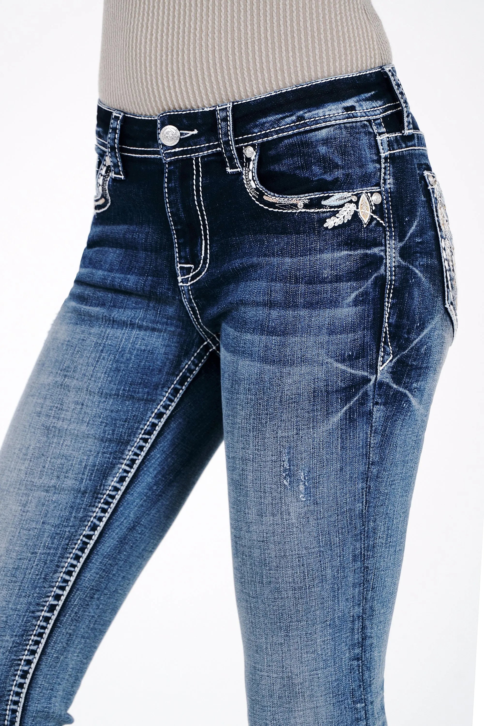 White Leaves Embroidered Mid Rise Bootcut Jeans